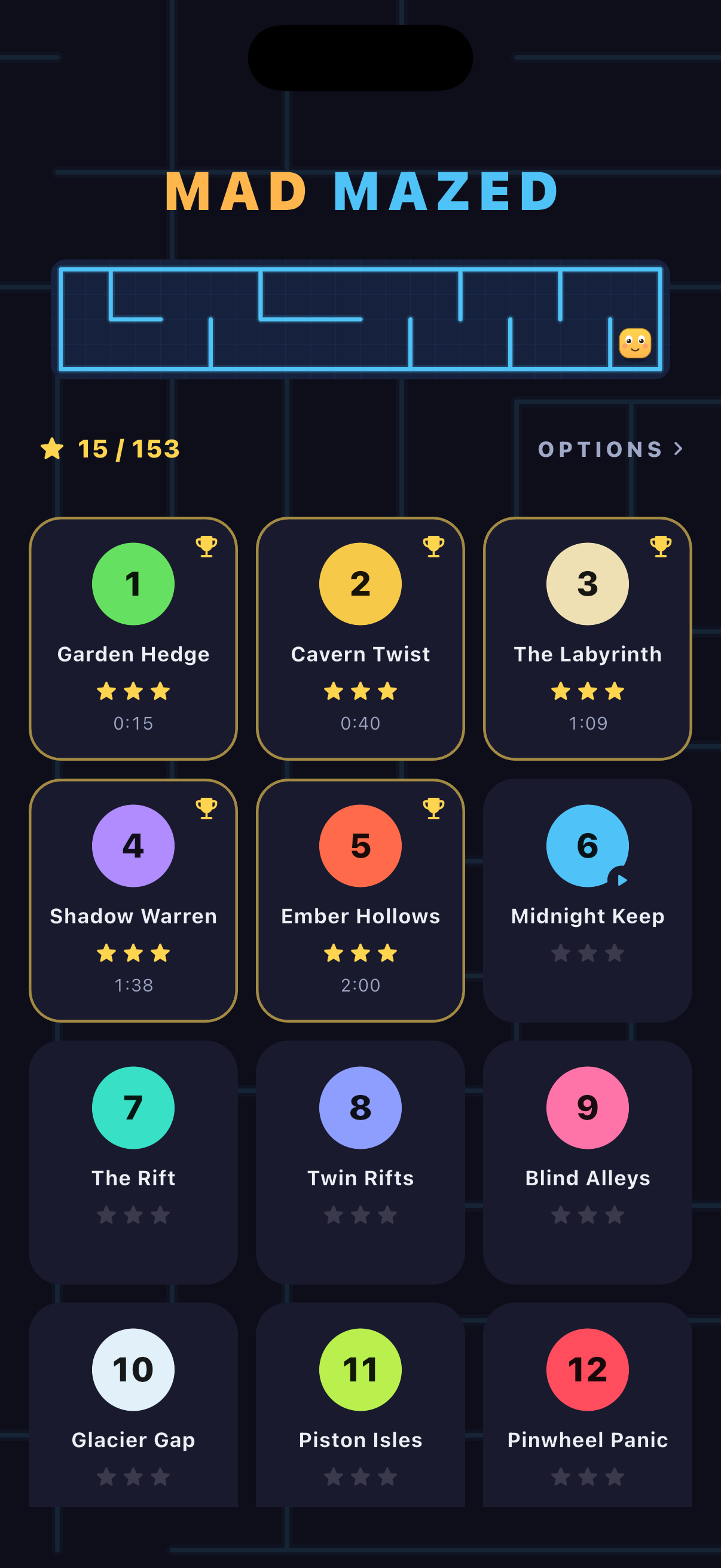 The Mad Mazed level select screen with the glowing MAD MAZED logo and a grid of numbered levels.