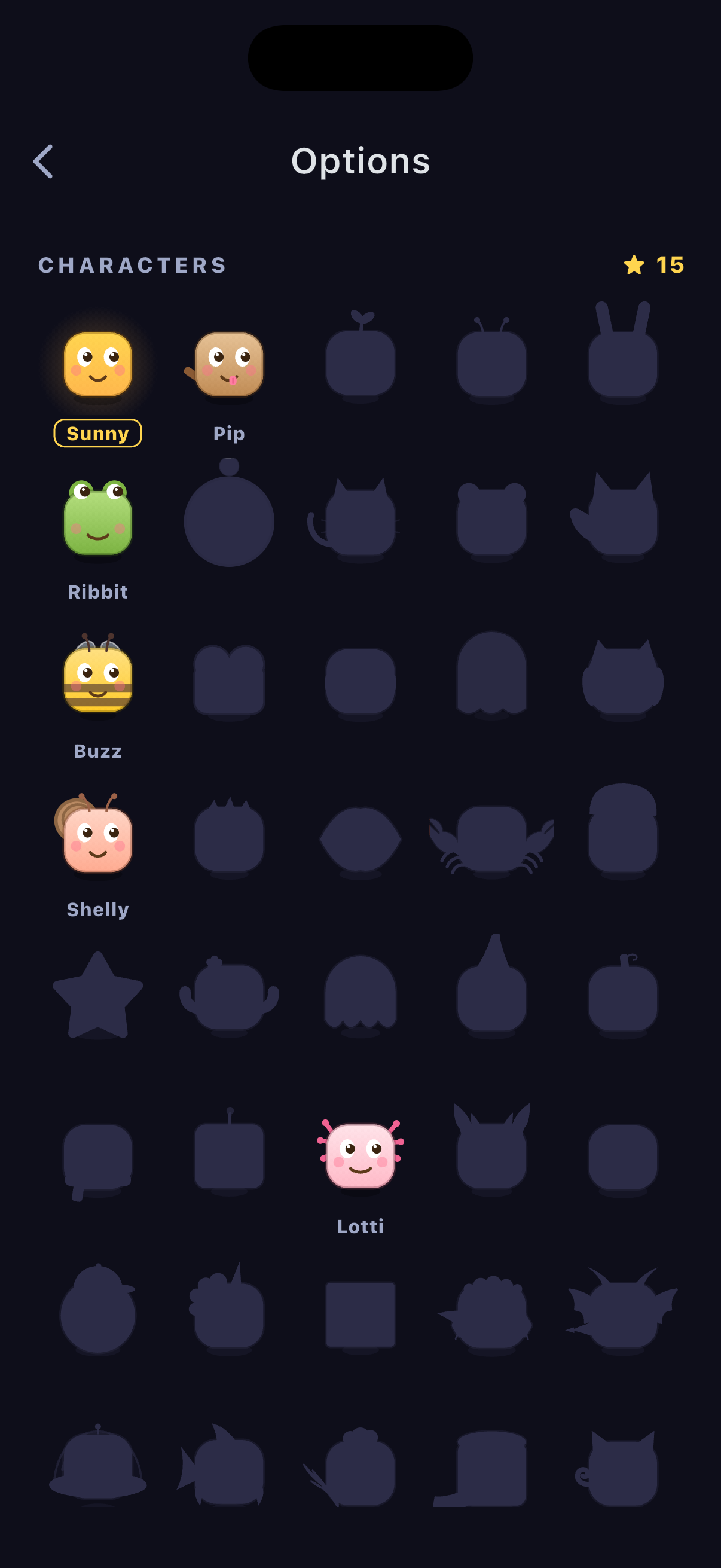 The character collection screen showing unlocked friends Sunny, Pip, Ribbit, Buzz and Shelly among silhouettes still to unlock.
