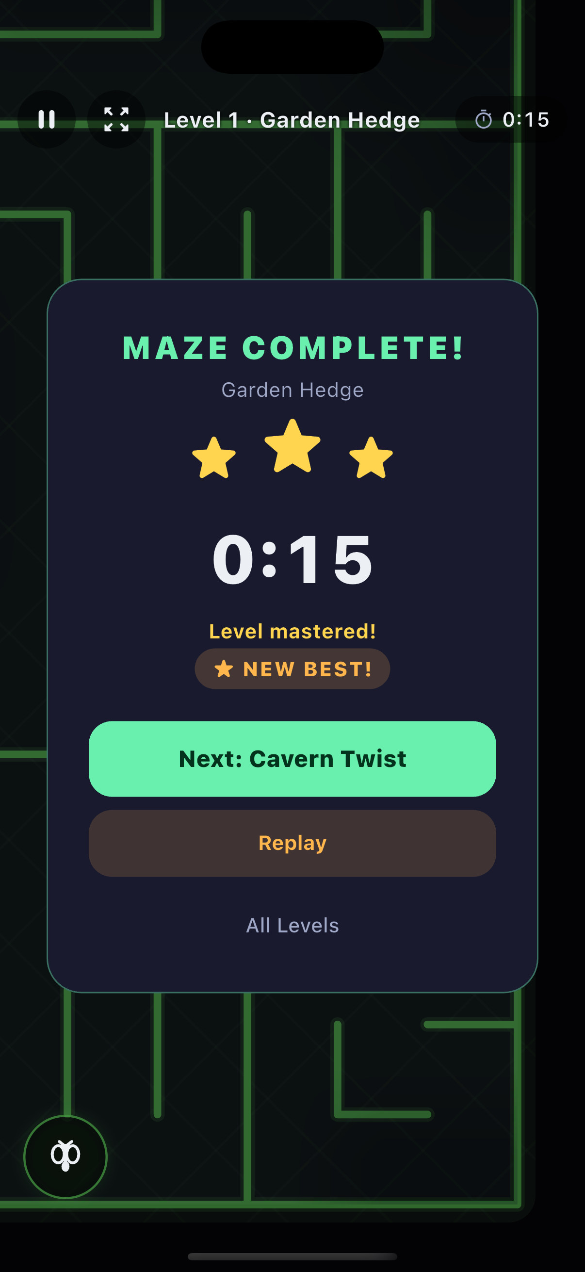 The Maze Complete screen awarding three gold stars and a new best time.